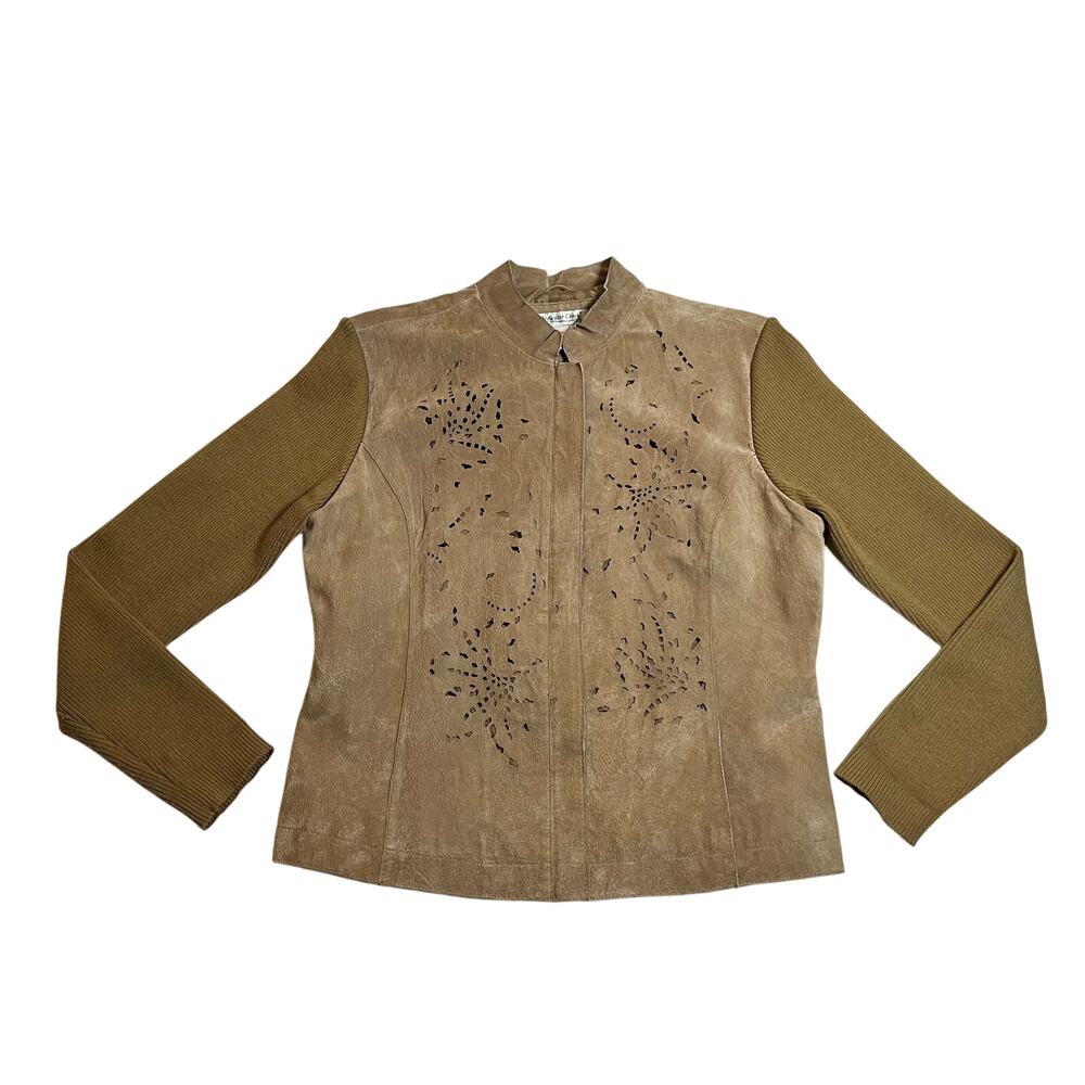 Coldwater Creek Suede Full Zip Jacket Size Med Laser Cutout Knit Ribbed Sleeves